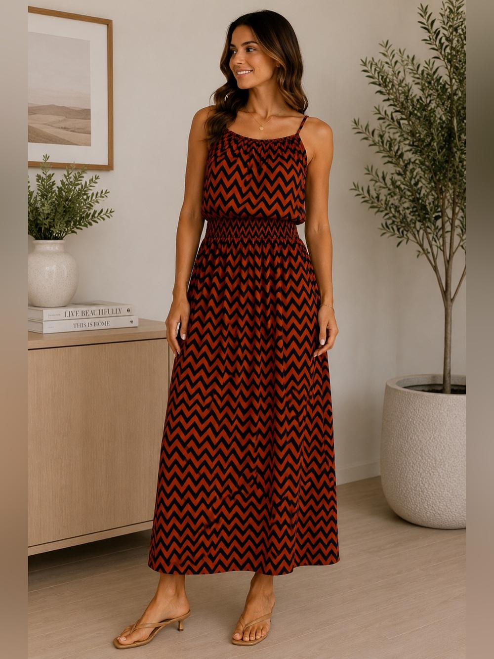 Chevron Halter Maxi Dress Orange Navy Resort Cocktail Flowy Wedding Guest Size 6
